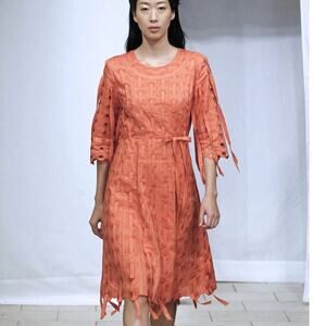 J Song Linen Ribbon Threaded Circle Dress, Orange/Rust, Unique Art to Wear, 4